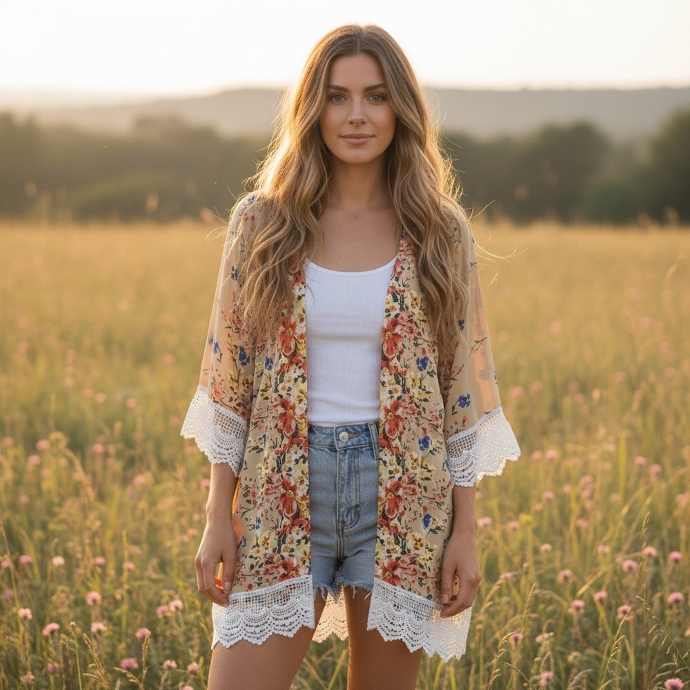 Relipop M Kimono Duster Coverup Beige Floral Crochet Lace Boho Cottage Coastal